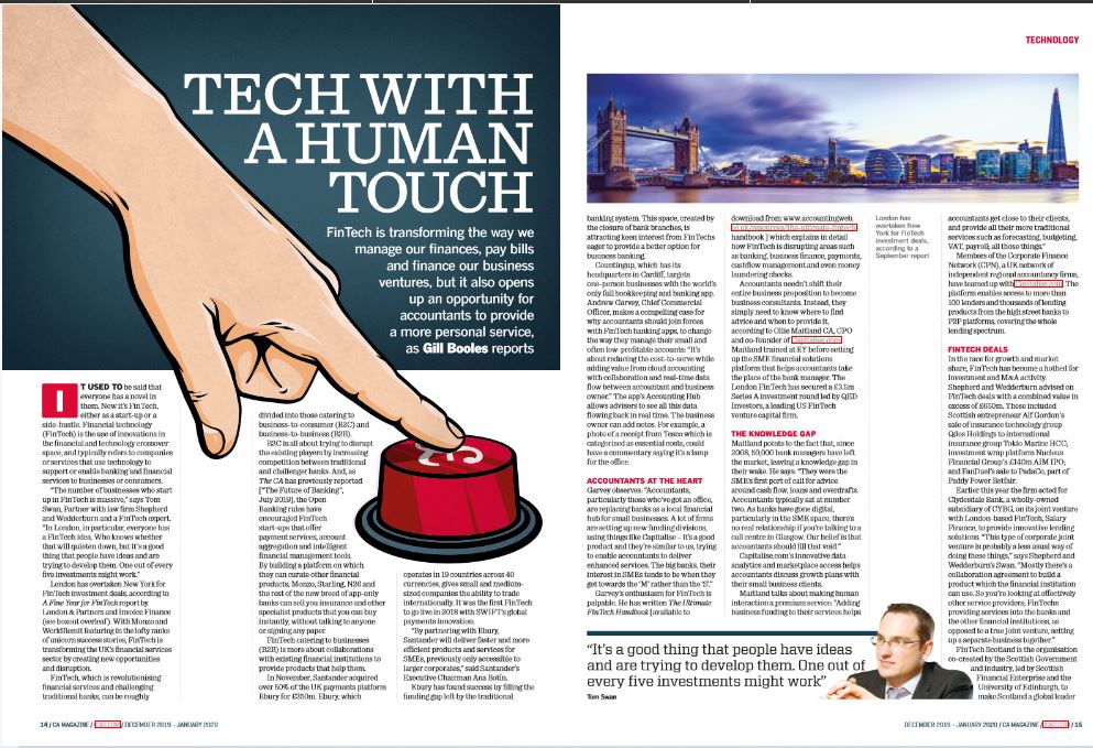 Cover feature for The CA on future of fintech written by Gill Booles Words Are Everywhere, Edinburgh writer